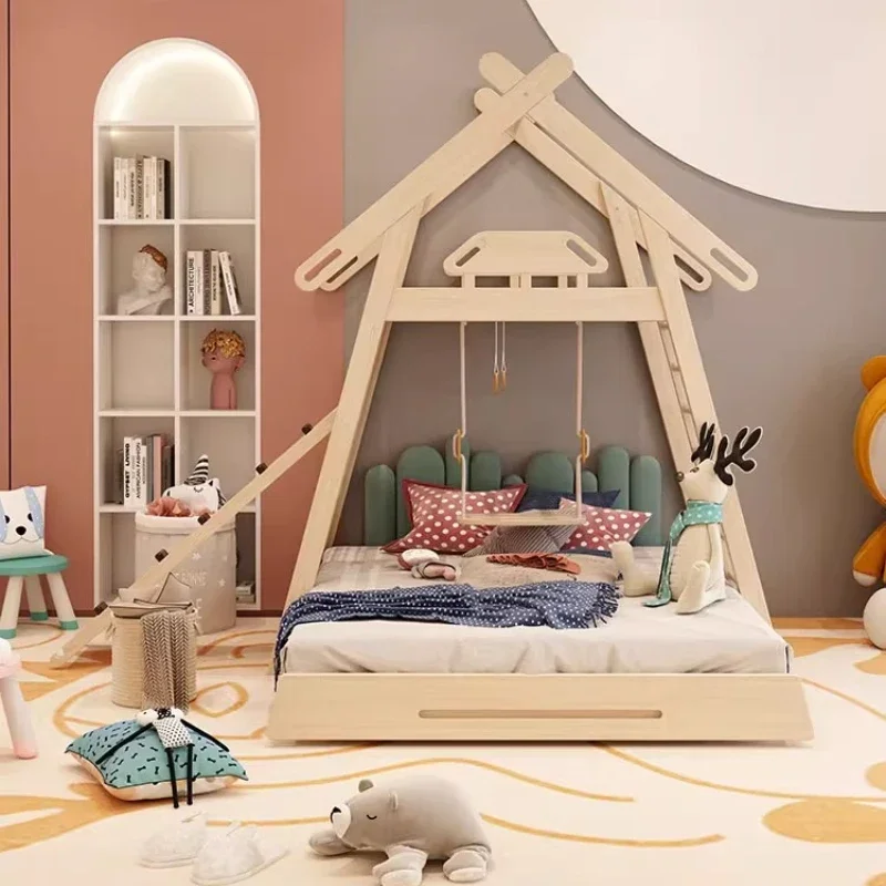 Nordic solid wood children's bed indoor climbing swing slide bed girls small  boys treehouse  single bed