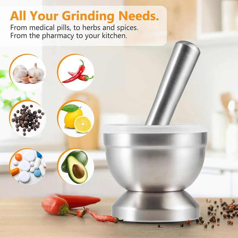 1pc Stainless Steel Mortar and Pestle Set Kitchen Spice Grinder Pill Crusher with Lid Heavy Duty Pesto Powder Herb Bowl