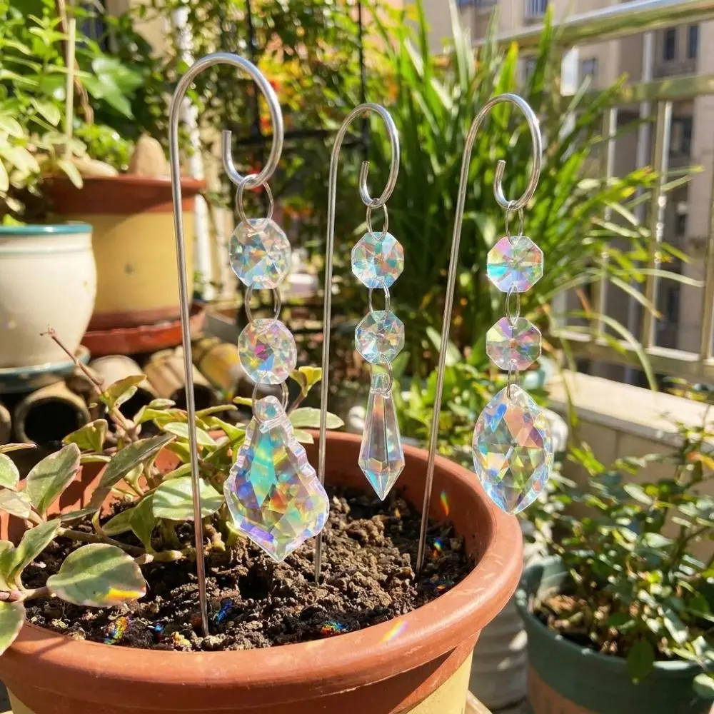 Colorful Crystal Prisms Suncatchers Reflective Handmade Rainbow Maker Metal Stake with Hook Exquisite Plant Stake Decorations