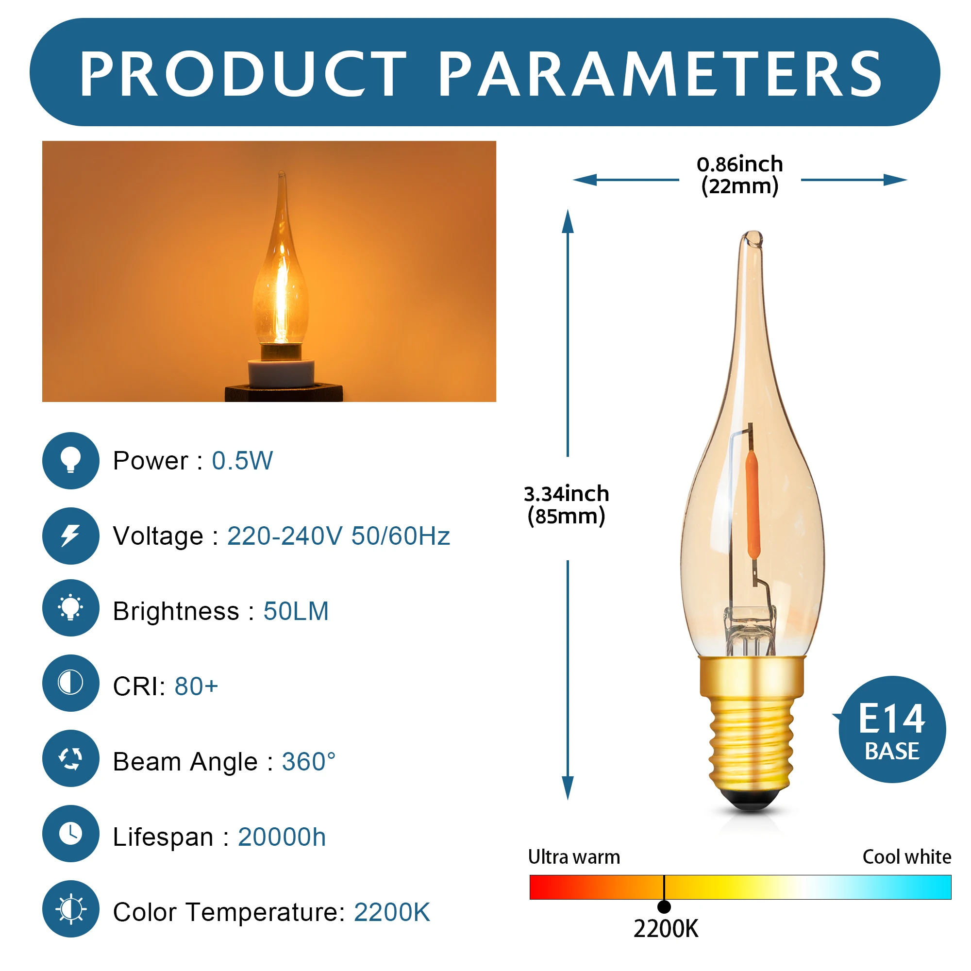 E12 E14 LED Light Bulb Candle Retro Vintage Filament Lamp 0.5W Candle Lamp C22TG Candelabra Chandelier Salt Lamp Led Night Light