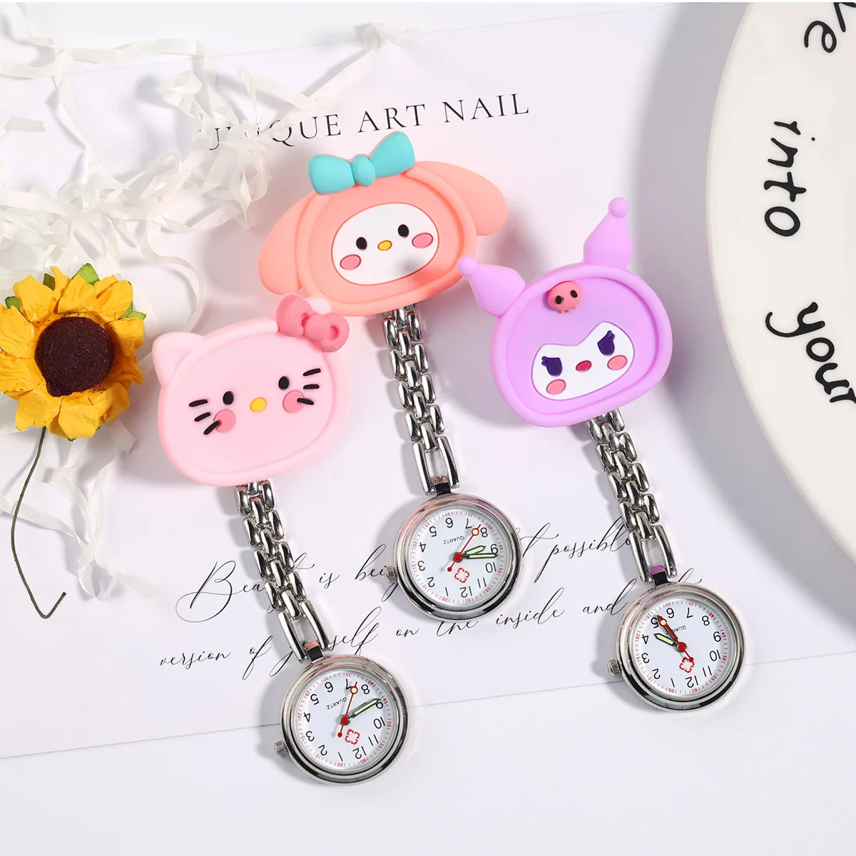 10Pcs/Lot Cute Cartoon Pull Buckle Nurse Watch Doctor Chest Watch Student Hanging Watch Silicone Pocket Watch
