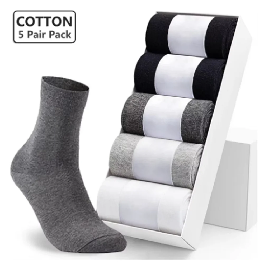 5 Pairs Pack Men's Business Socks Solid Color Cotton Crew Socks Quick Drying Black White Long Sock Plus Size US6-13