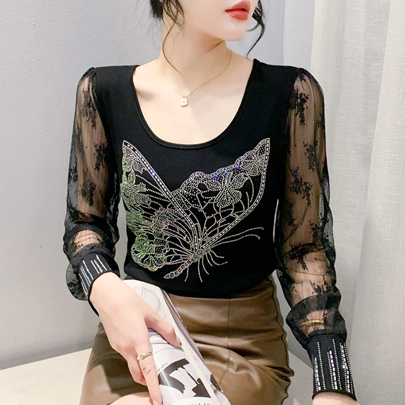 2024 Autumn New European Butterfly Hot Diamond Slimming Bottom Shirt Lace Long Sleeve Vintage Women\'s T-Shirt