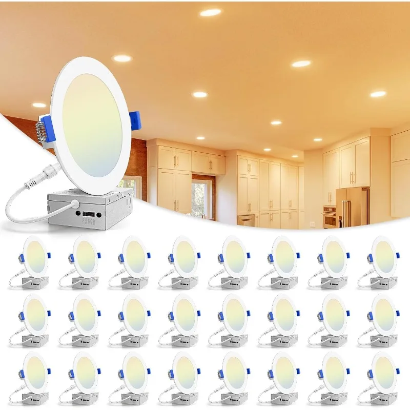 2025 24 Pack 6 inch Recessed Lighting  13W Eqv 120W, 1080LM Dimmable Canless Wafer Downlight, LED Ceiling Light ETL Certificated