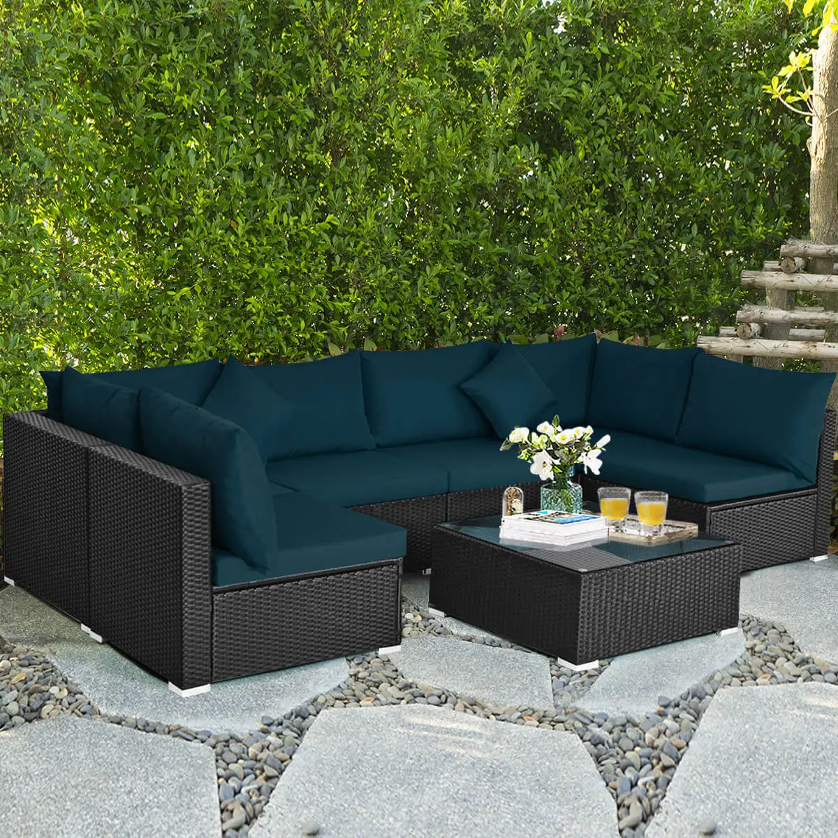 

Costway7PCS Patio Rattan Sofa Set Sectional Conversation Furniture Set Garden Outdoor Peacock Blue