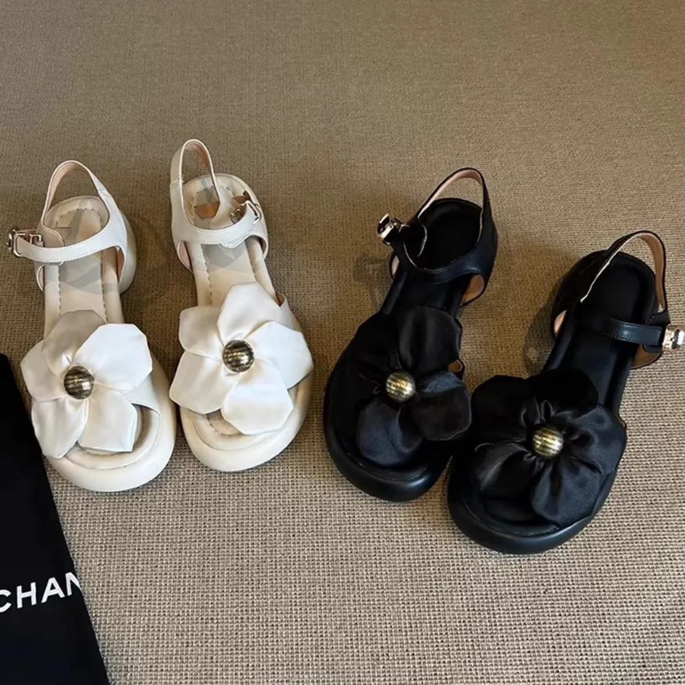 

Mid Heels Women Sandalls Summer Flower Heeled Shoes Designer Classic Slippers 2026 New Fad Buckle Pumps Casual Sandalias Mujer