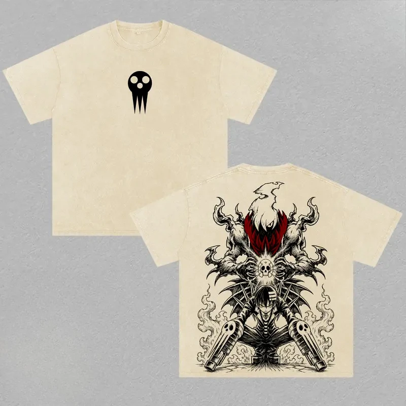 Death The Kid Print T-shirt Soul Eater Anime Clothing Men Short Sleeve Cotton Tshirts Washed Tee Harajuku Male Oversized T Shirt