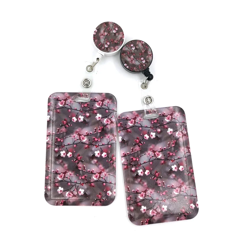 Plum blossom Tree Flowers Cute Credit Card Cover Lanyard Bags Retractable Badge Reel Student Nurse Exhibition Enfermera Name