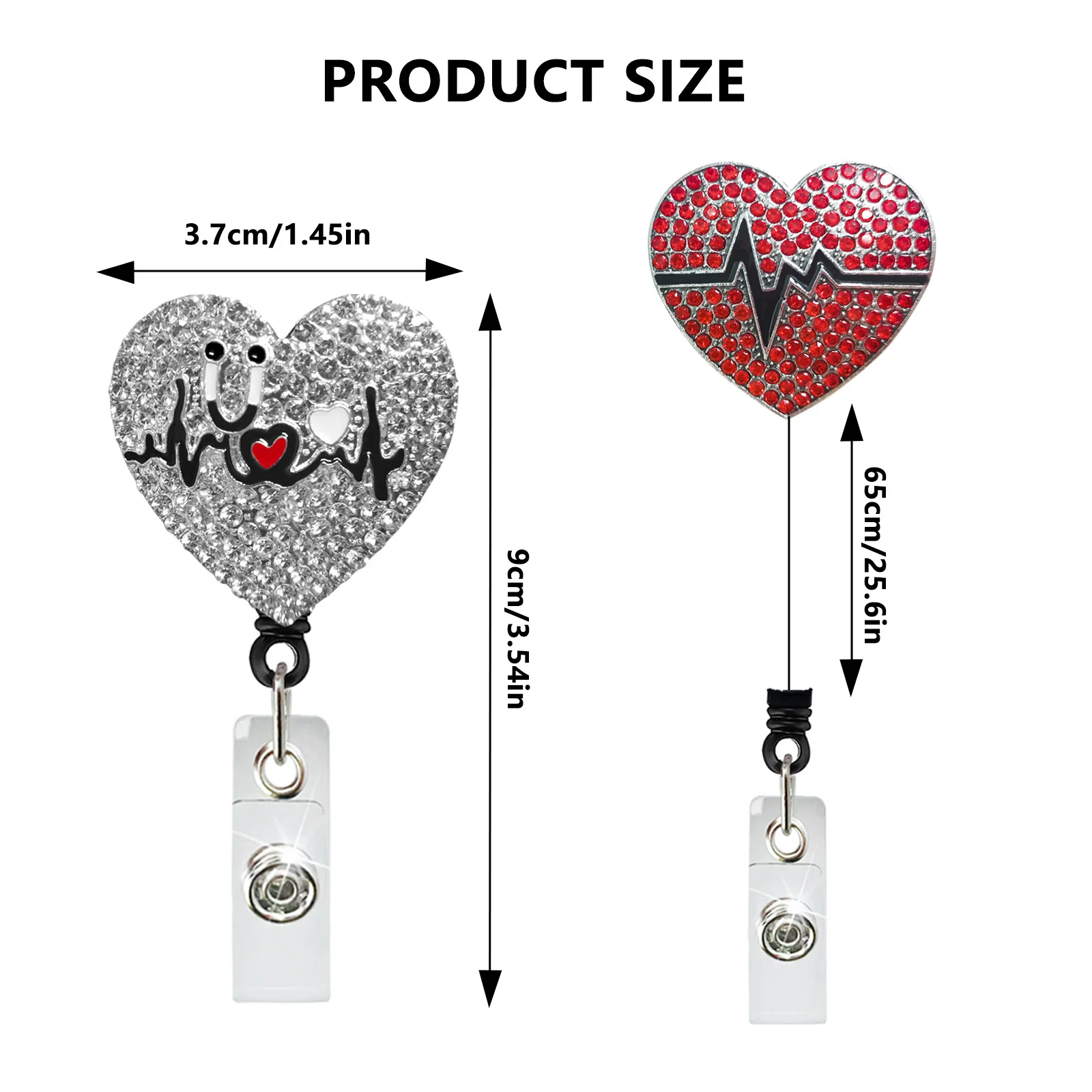 Rhinestone Heart Shape Rotating Badge Holder, seringa ECG, estetoscópio, carretel de crachá retrátil, presente para médico e enfermeira