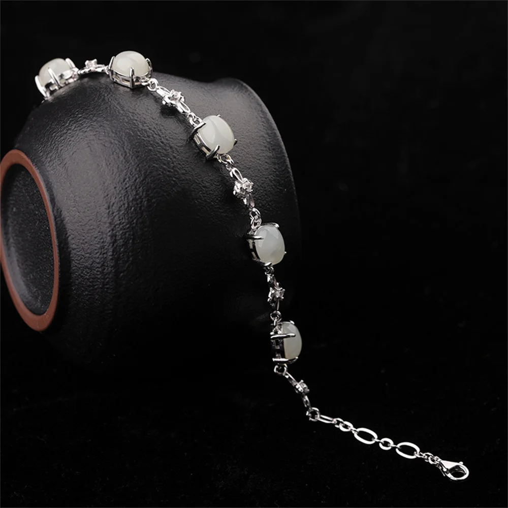 Genuine 925 Silver Natural White HeTian Jade Lucky Bracelet Charm Chain Link Bracelets Certificate Fine Jewelry Luxury Gift