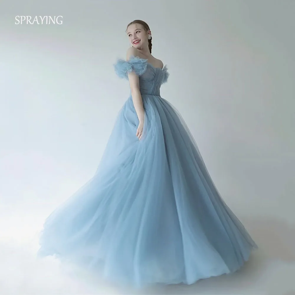 

SPRAYING Fairy Blue Tulle Evening Dresses Korea Wedding Photo Shoot Sweetheart Off Shoulder Long Party Dress Corset Customized