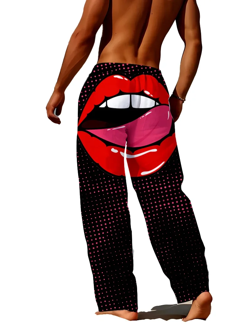 

Новые мужские домашние пижамы с 3D цифровой печатью и рисунком красных губ, весенне-осенние брюки, тонкие быстросохнущие неувядающие свободные повседневные брюки