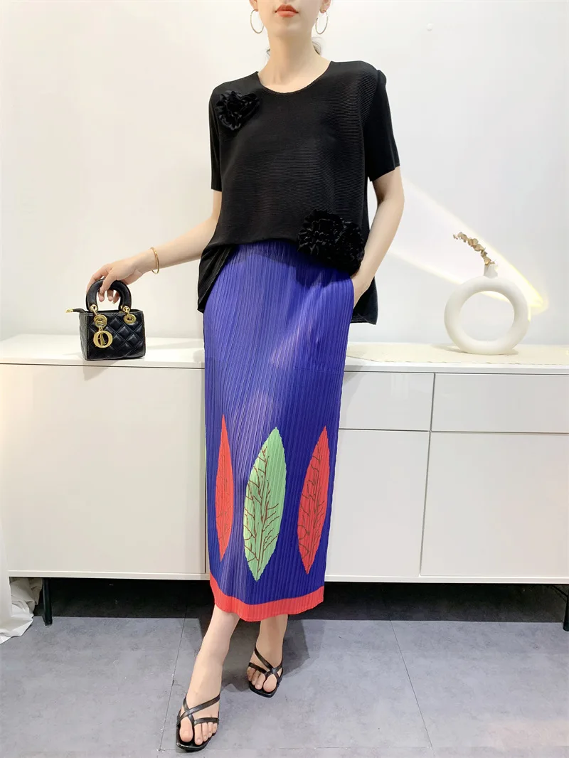 

HOT SELLING Miyake fashion fold Leaves print skirt waist pocket skirt IN STOCK