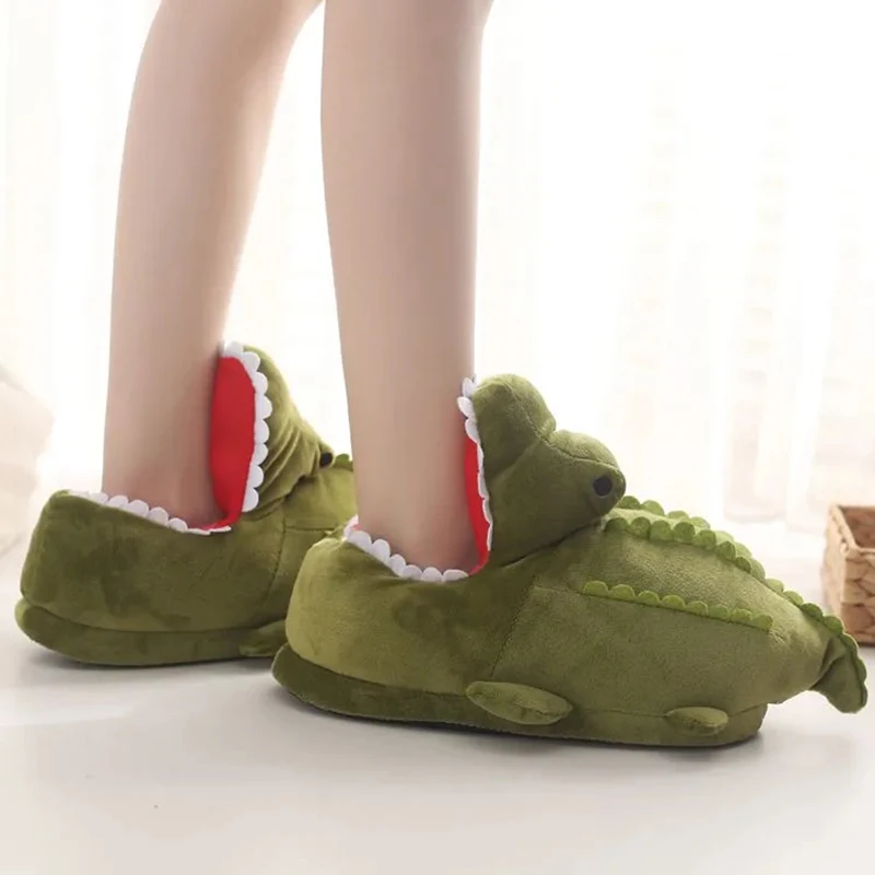 Chunky Fuzzy Crocodile Home Cotton Shoes for Women Slip On Cartoon Anime Plush Slippers Plus Size 35-43 Womens Green Loafers