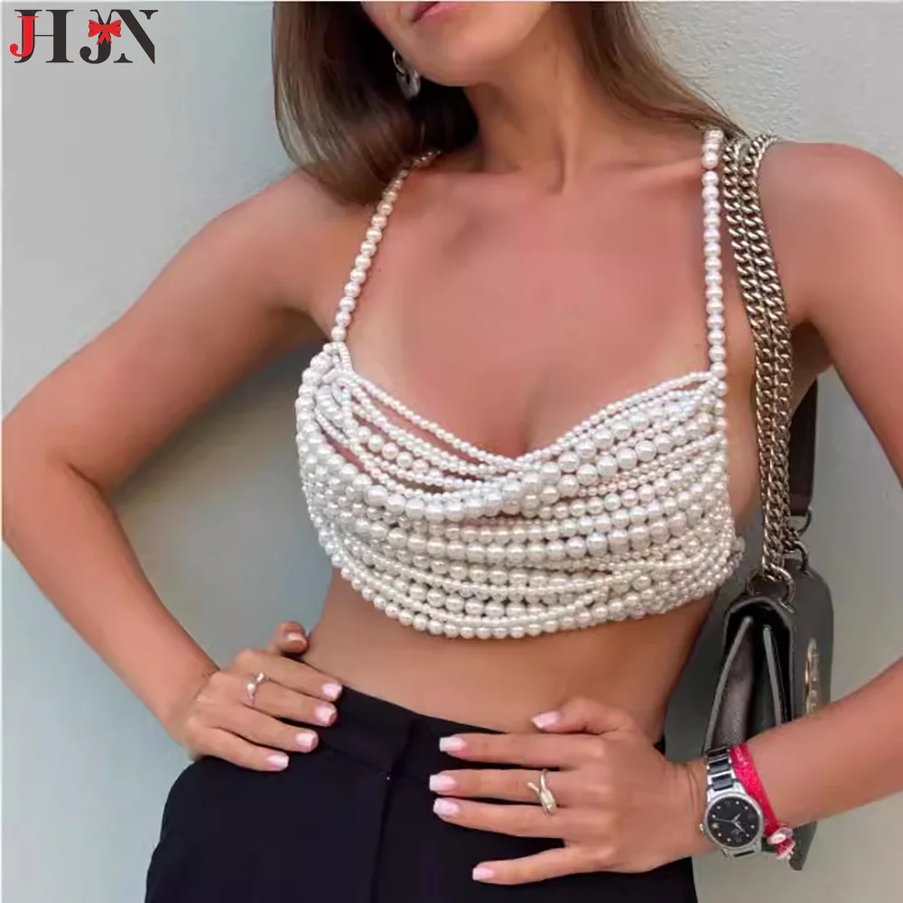Pure Handmade Multi-Storey High Quality Pearls Camisole Tops Vest Sexy Chest Chain Decorate Hanging Neck Necklace Luxury Brand