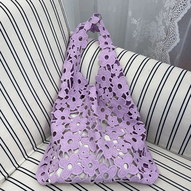 

Summer Hollowed-out Floral Design Single-shoulder Bag with Inner Pocket Soft Polyester Fiber Large Capacity Embroidered Handbag
