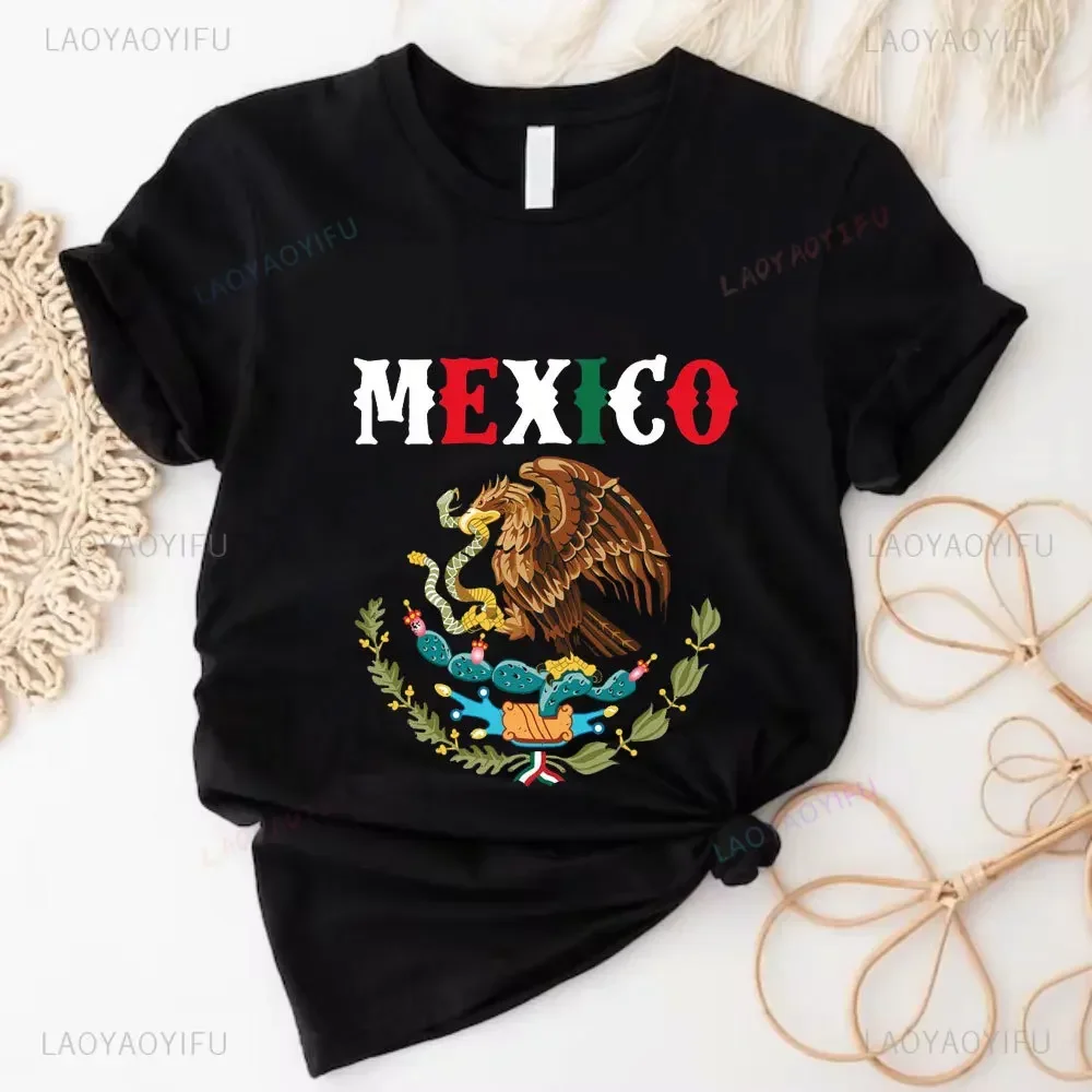 Mexico A Divine Eagle Holding A Snake in Its Beak Print Cotton T-shirt Fashion Mexican Women Girls Unisex Short-sleeved Tops