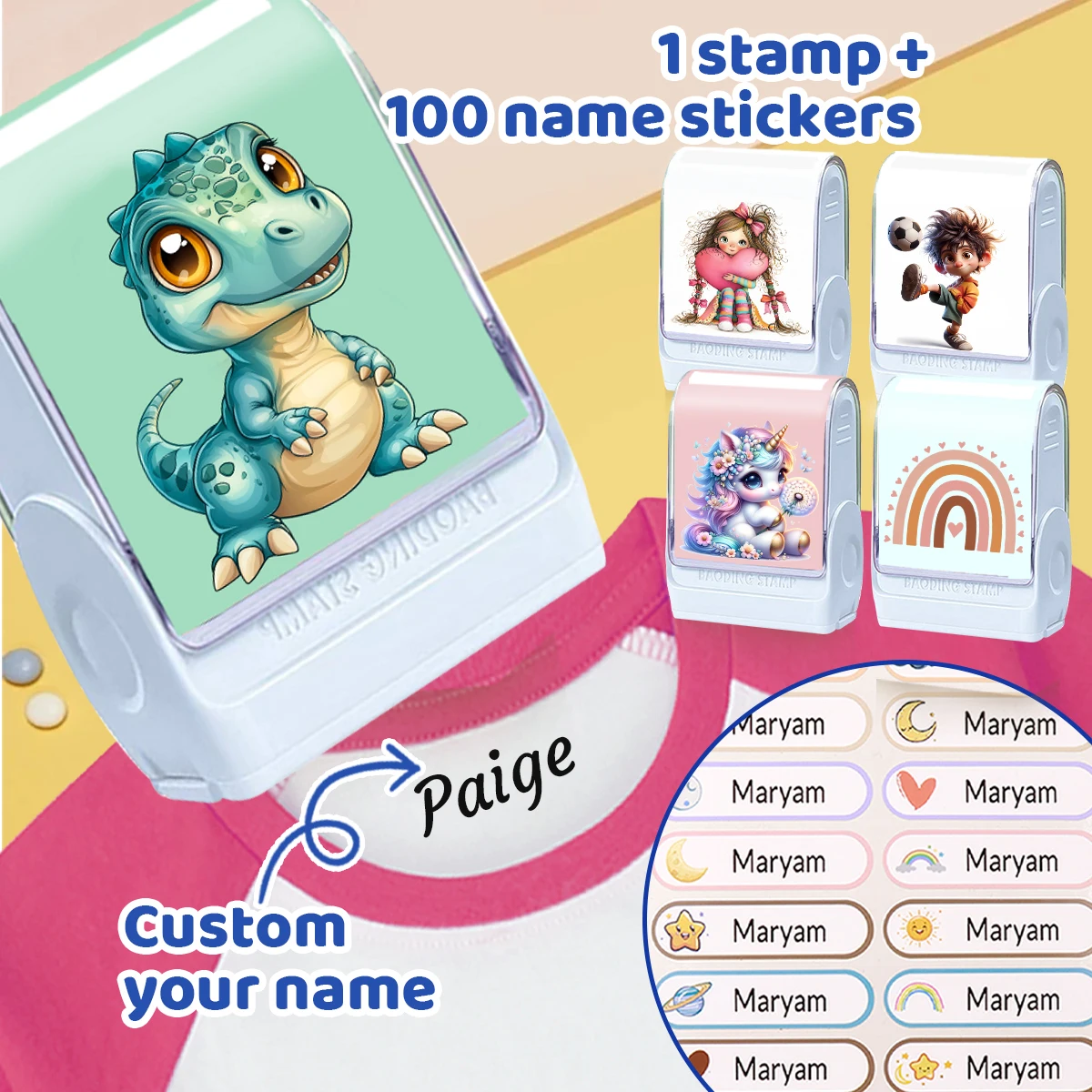 Benutzerdefinierter Stempel + 100 Aufkleber, Namensstempel für Kinderkleidung, wasserfest, personalisierter Stempel