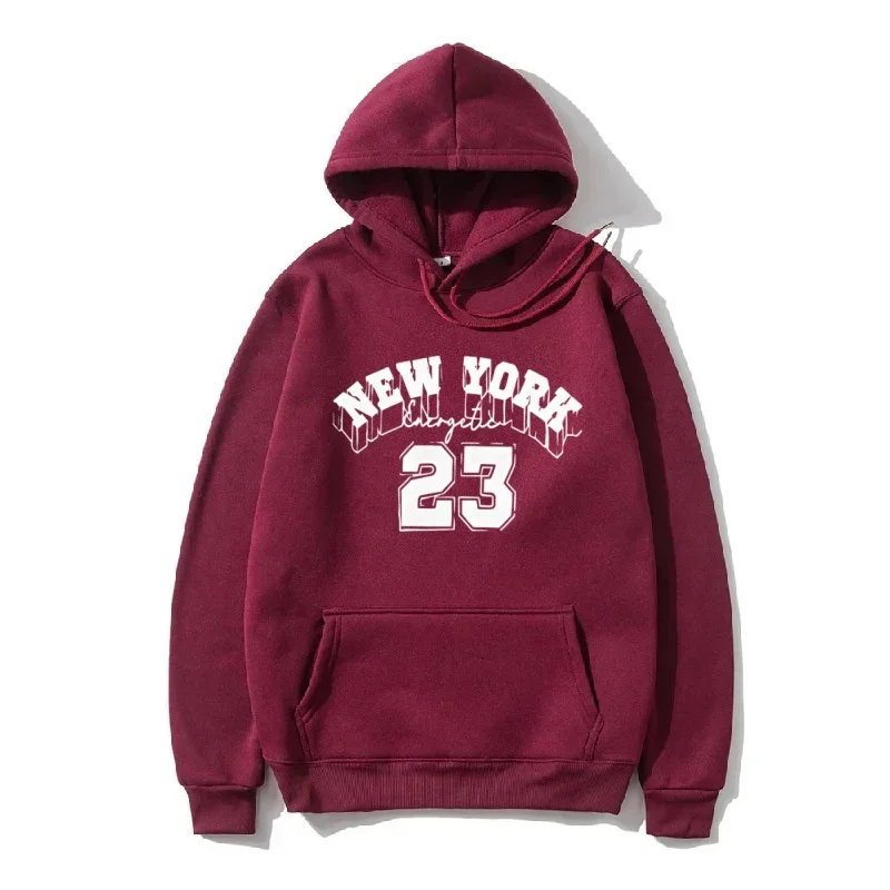 Men New York 23 Letter Print Pullover Hoodie Vintage Graphic Hooded Sweatshirt Kangaroo Pocket Drawstring Long Sleeve Loose Casu