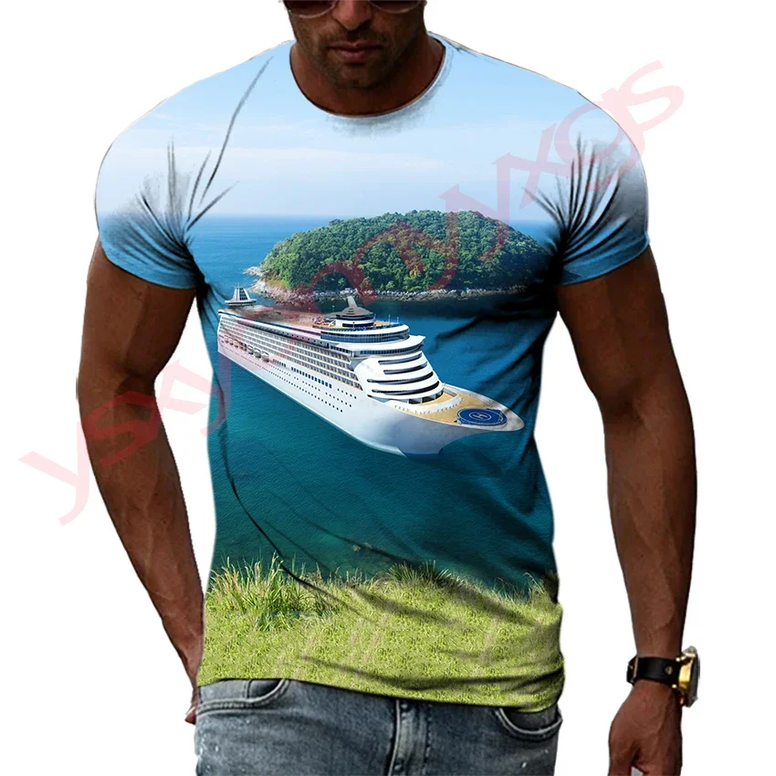 Summer Cruise Ship Pattern  Men's T-shirt Hip Hop 3D Print Personality   Neck Short Sleeve  Fashion Clothes