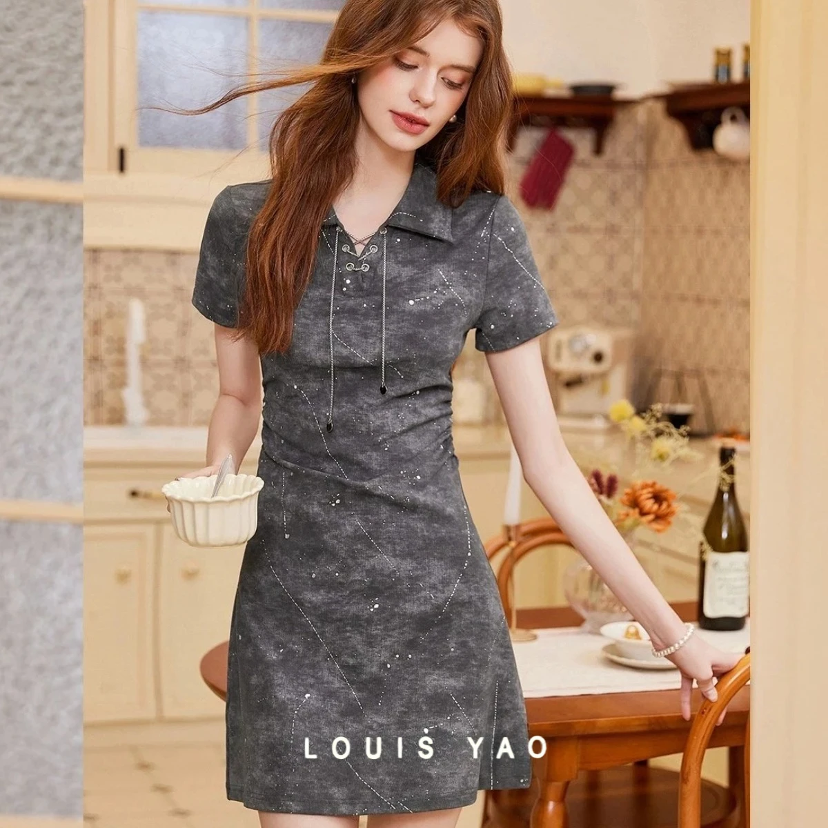 

Strappy Chain Lapel Short Dress 2025 Summers Design Sense Fabric Short-Sleeve Slim-Fit Women's Dress New Women's Clothing