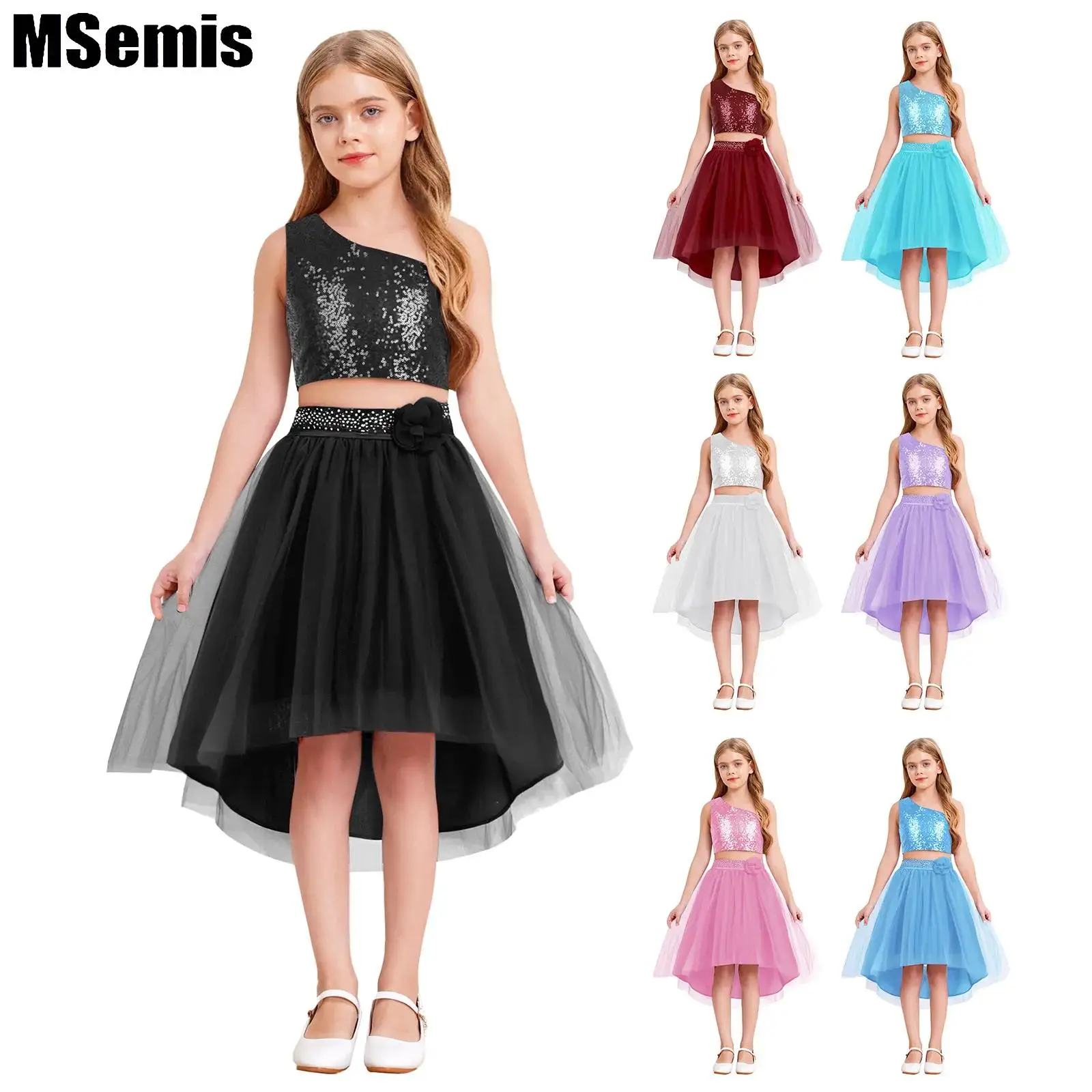 

Kids Girls Sparkly Sequins Wedding Sets Off-the-shoulder Tops with Rhinestone Decorated Irregular Hem Tulle Skirt for Banquet