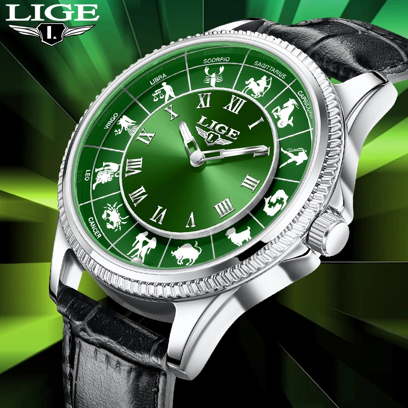 

LIGE Retro Fashion Quartz Man Watch Outdoor Business Casual Sport Leather Constellation Dial Waterproof Luminous Watches for Men