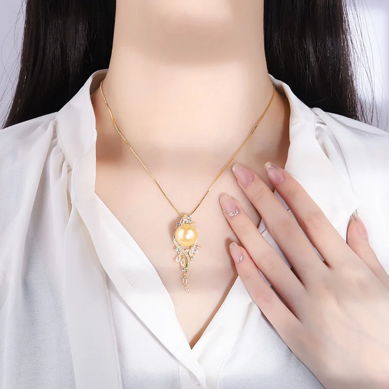 Jewelry Copper Gold-Plated Inlaid Shell Pearl Korean Style Fashion Handmade Diamond-Studded Women's Pendant Necklace 14mm