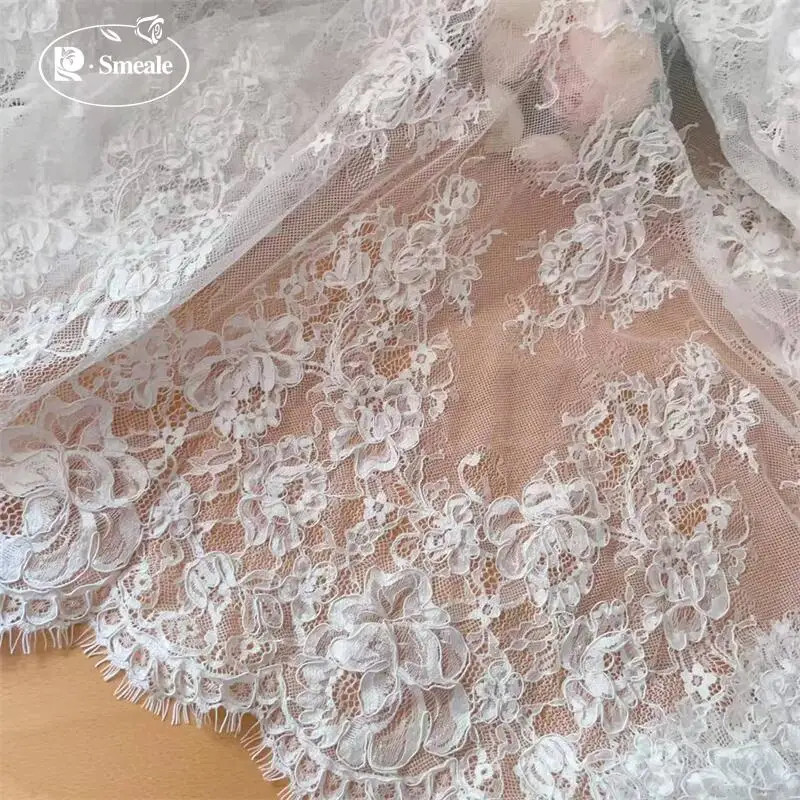 

300CM X 150CM.French Large Flower Border Embroidery Lace Fabric.Couture Bride Wedding Gown Fabric
