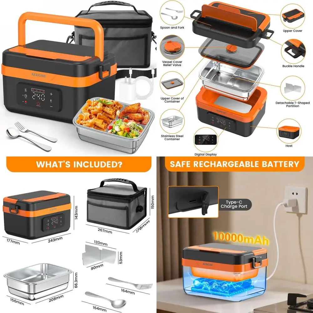 

Перезаряжаемая самонагревающаяся подогреватель еды мощностью 75 Вт, ланч-бокс из нержавеющей стали на 6,3 чашки для офиса, пикника, автомобиля, использования на открытом воздухе (оранжевый)