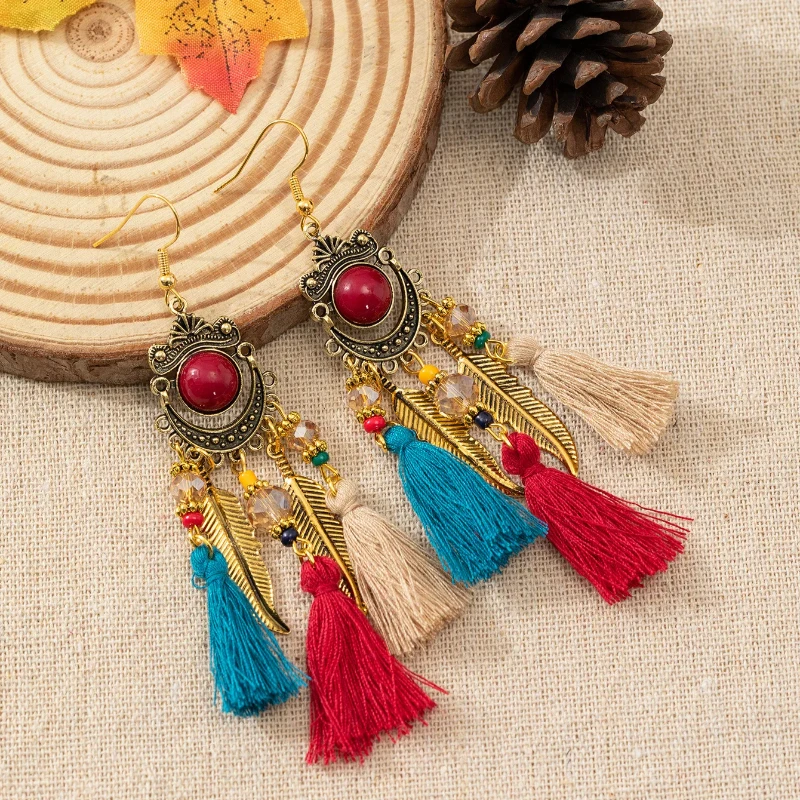 أقراط طويلة مهدب على الطراز العرقي القبلي البوهيمي أقراط عبر الحدود مجوهرات عطلة السفر بالجملة