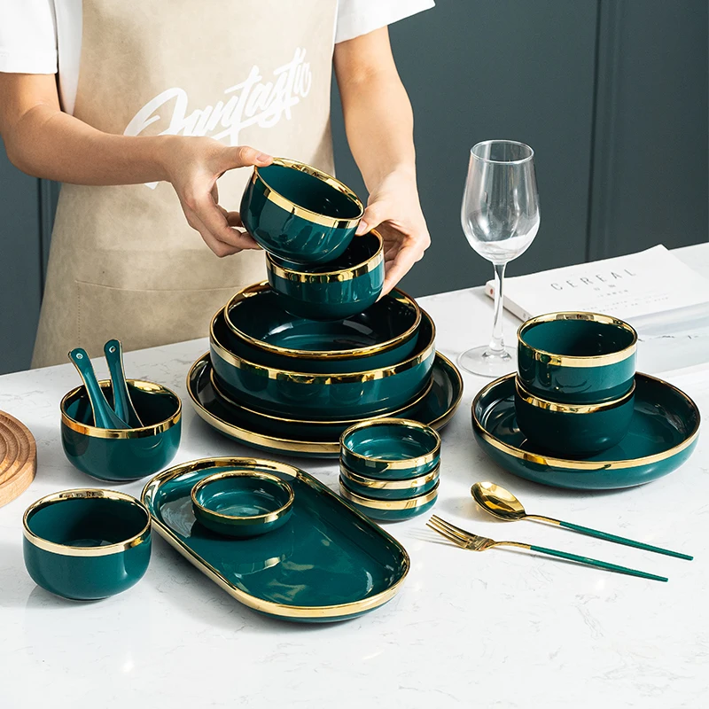 29PCS 4/6 Person Tableware Set Ceramic Plates and Bowls Set Green Dinnerware Set Serving Dishes Set Kitchen Restaurant Hotel