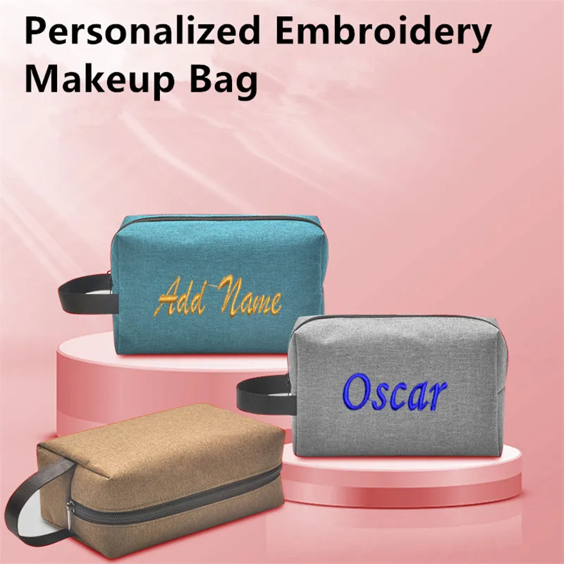 Bolsa de maquillaje bordada personalizada para hombres y mujeres, neceser de viaje con logotipo personalizado, bolsa de aseo portátil resistente al agua