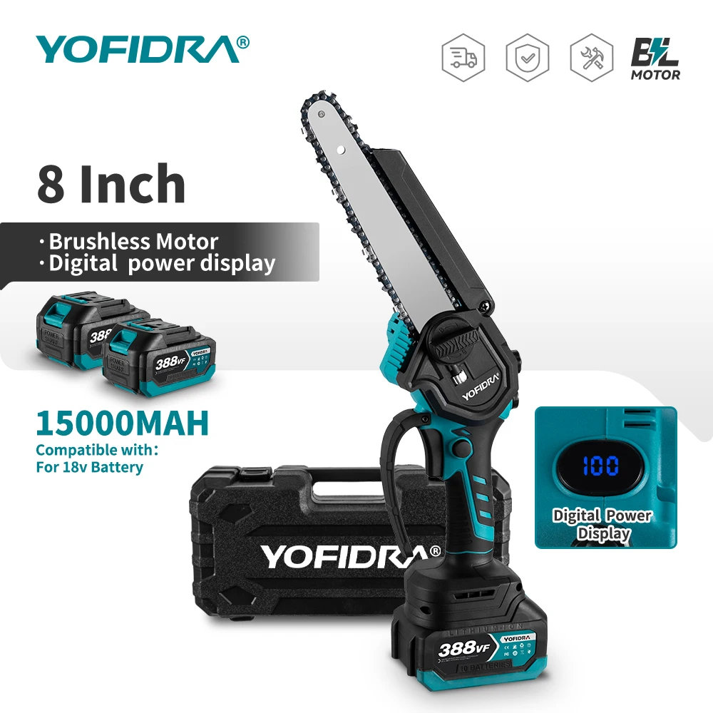 YOFIDRA 8 Inch Mini Brushless Electric Chainsaw Cordless Pruning Saw Rechargeable Woodworking GardenTool for Makita 18V Battery