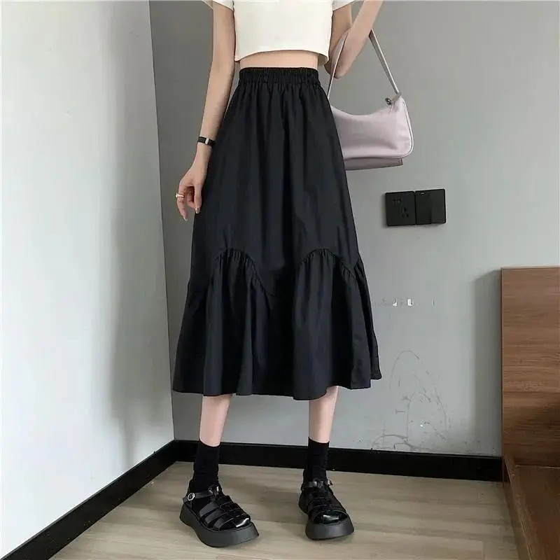 Women White High Waist Loose Slimming Umbrella Skirt Pure Desire Style A Line Midi Length Midi Skirt