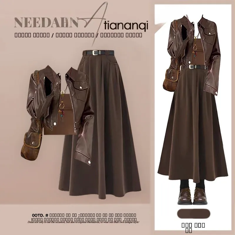 

Fall High Waist Strap Women's Set Vintage Leather Jacket Coat Halter Neck Skirt Three Piece Suit Casual Style Knitted Top