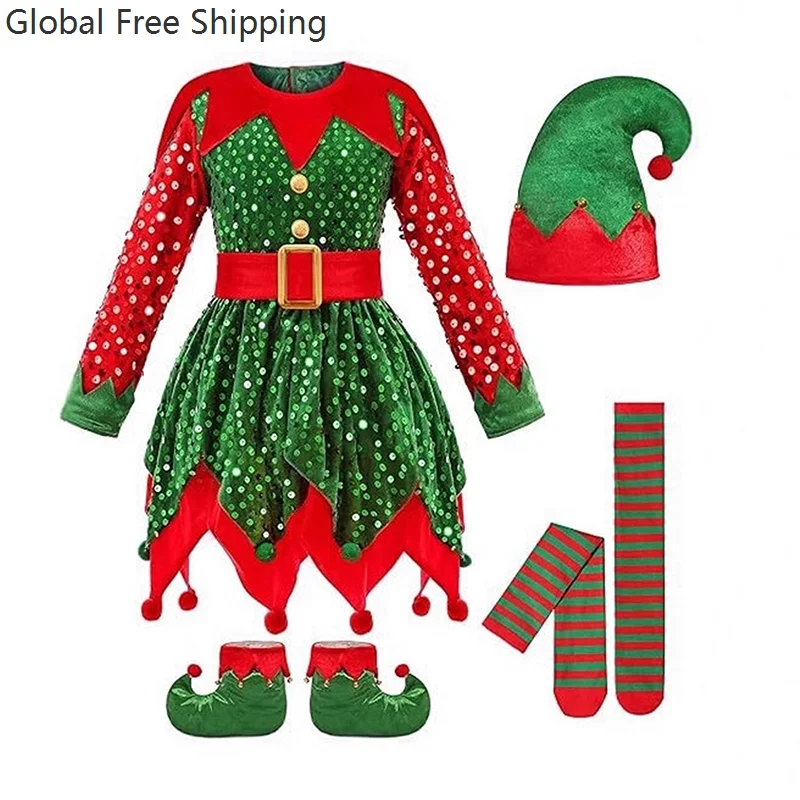 ชุดคริสต์มาสสำหรับเด็กผู้หญิง ชุดซานตาคลอส ชุดเอลฟ์ ดีไซน์เลื่อม สีแดง สีเขียว ของขวัญงานวันเกิด ชุดปาร์ตี้ ชุดฮาโลวีน พร้อมอุปกรณ์เสริม