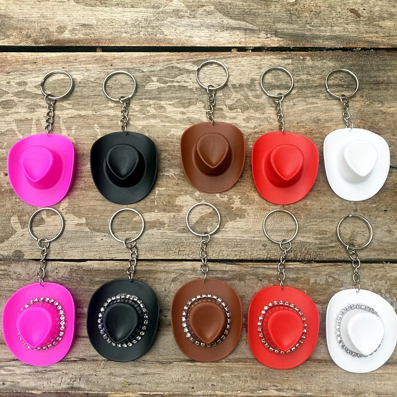Pink Mini Western Cowboy Hat Keychain For Kids Adult Rhinestone Multicolour Cowgirl Hat Keyring Birthday Bachelorette Party Gift