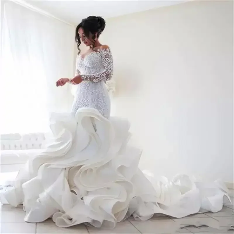 تخصيص زائد حجم أزياء حورية البحر فستان الزفاف وصول الدانتيل كم طويل مسلم رومانسية يزين الكشكشة G #1