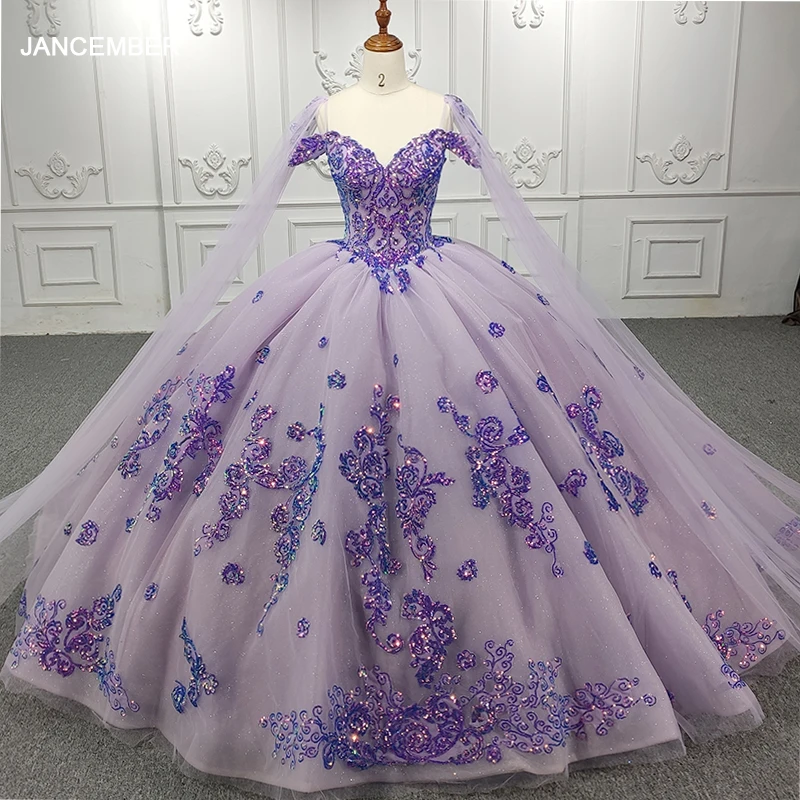 

Jancember Gorgeous Romantic Purple Quinceanera Sweetheart Organza Backless Full Sequis Chapel Train Vestidos De Noite DY9976