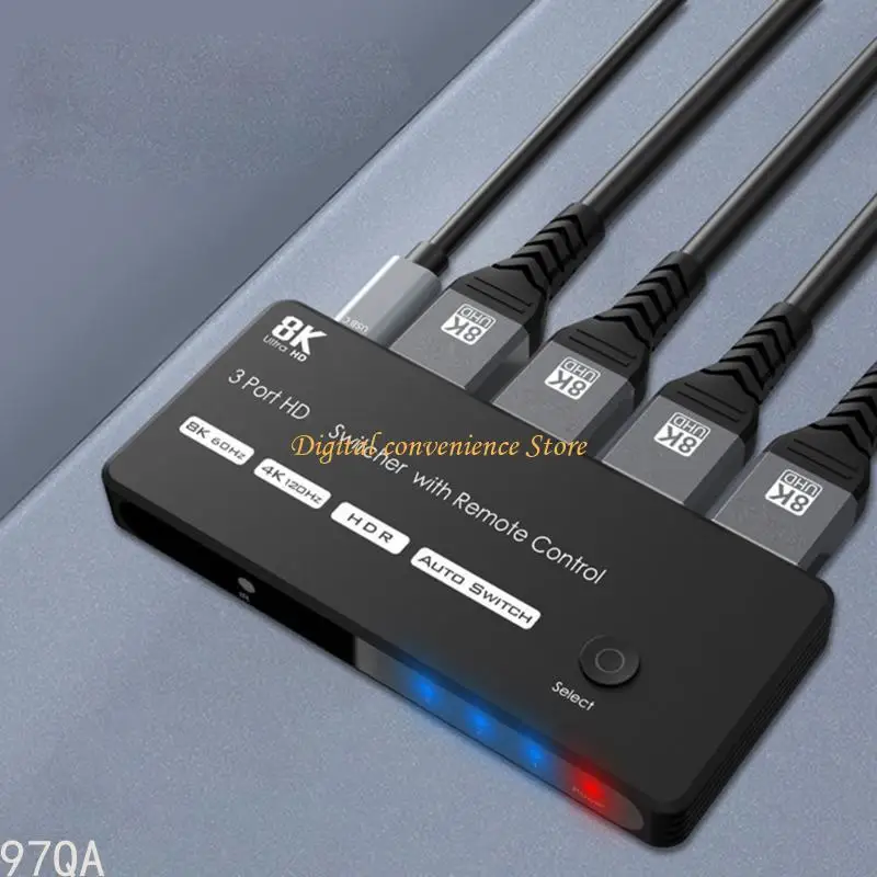 97QA 3 Port HDTV 8K Switcher مع دعم عن بُعد 8K@60Hz 4K@120Hz السرعة العالية 3 في 1 OUT
