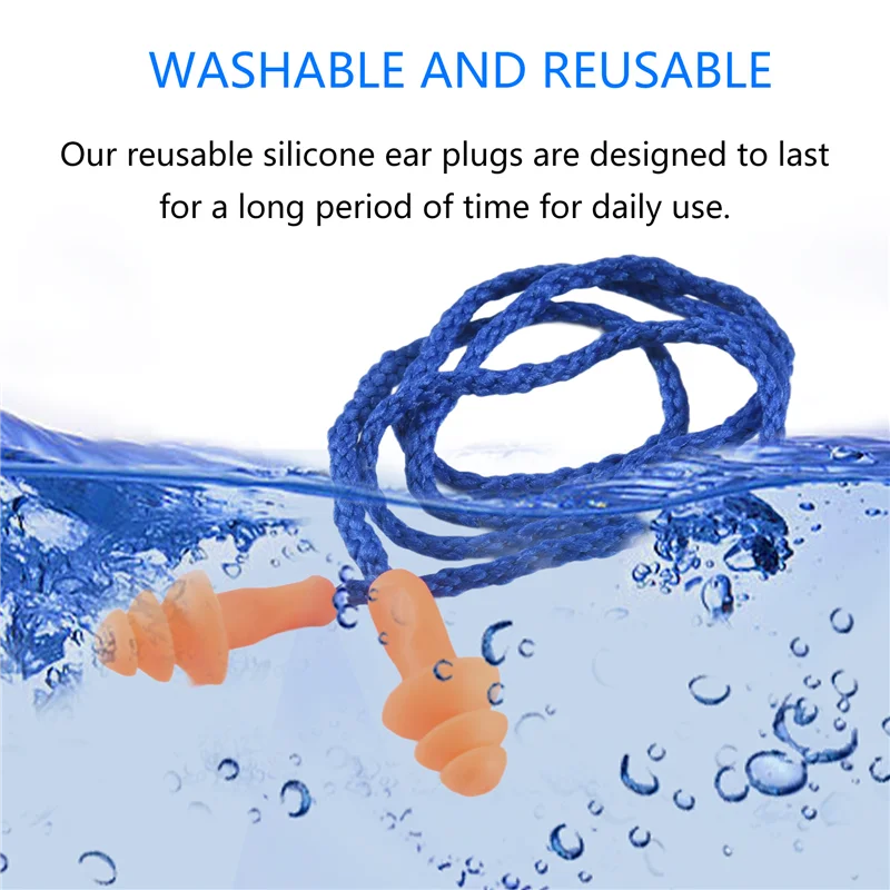 B03B-100 Pairs Individually Wrapped Non Toxic Soft Silicone Corded Ear Plugs Reusable Hearing Protection Rubber Earplugs