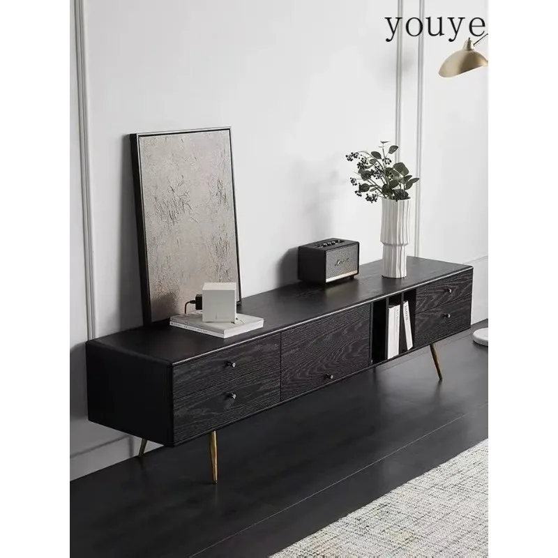 X3 Nordic Light Luxury Simple TV Cabinet With Drawers Solid Wood Leather TV Cabinet Small Apartment Black Oak TV Cabinet