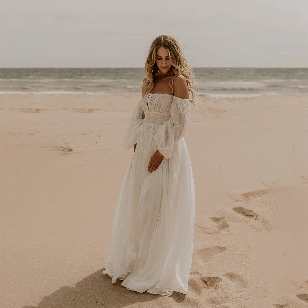 Boho Chiffon Maternity Photography Dresses Off Shoulder Pregnancy Dress White Puff Sleeve Photo Shoot Outfits Beach Gown - view 2
