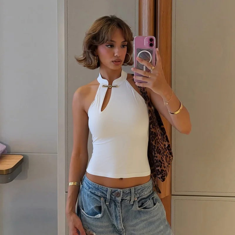 

Cheongsam Buckle Tank Tops Women Y2K Summer Trend Basic Classic Hollow Solid Simple Street Stretch Daily Chic Vest