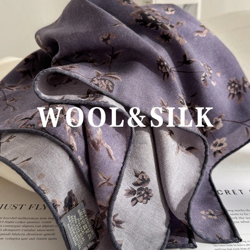 

2026 Women's Warm Scarf 70% Wool 30% Silk Square Scarf for Women Winter Head Scarf Vintage Purple Floral Shawl Hijab