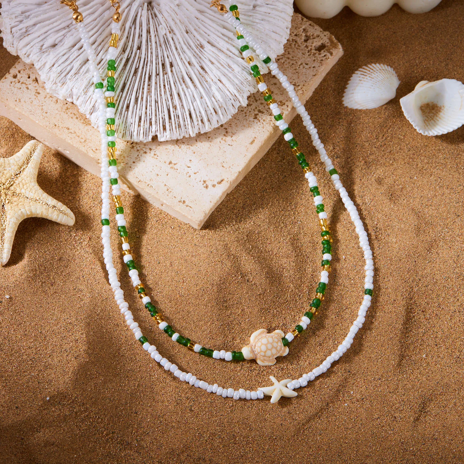 Bohemian Doppel Reis Perle Kette Schlüsselbein Halskette für Frauen Acryl Schildkröte Seestern Anhänger Halsband Sommer Strand Mode Schmuck – Detail 10