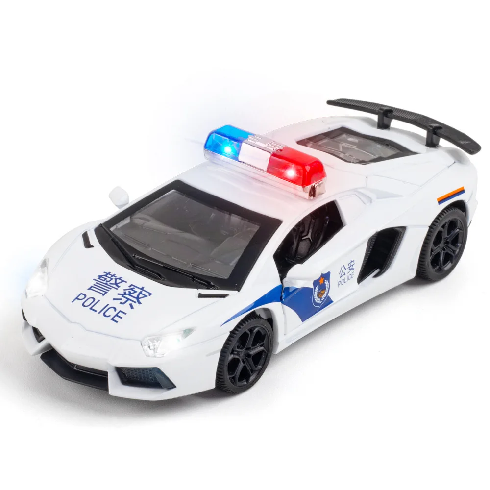 1:32 LP740 Police Car Model Toy Doors Opened Sound Light Sports Cars Pull Back Alloy Body Vehicle Hobby Decorations