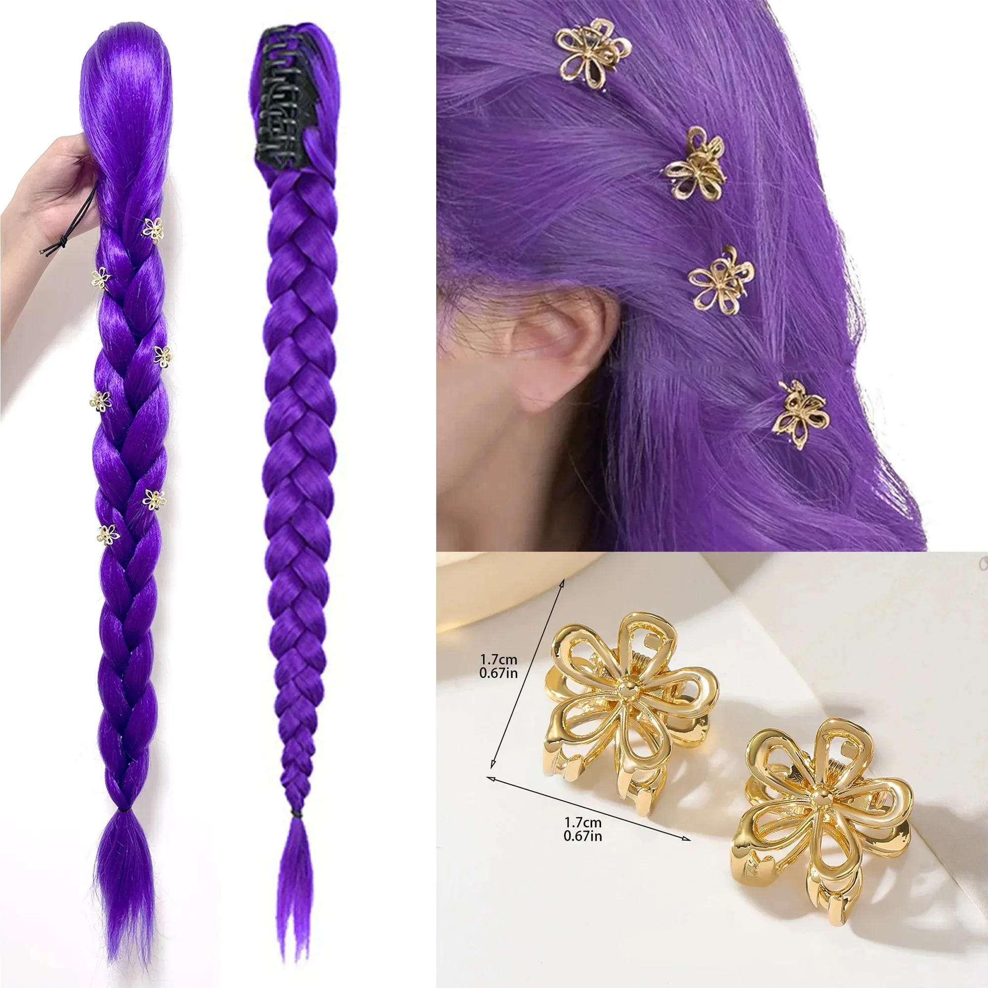 Trenza morada de 82 pulgadas de largo con flor para niñas, cola de caballo sintética Rumi, disfraz de cola de caballo, peinado para Halloween y Navidad