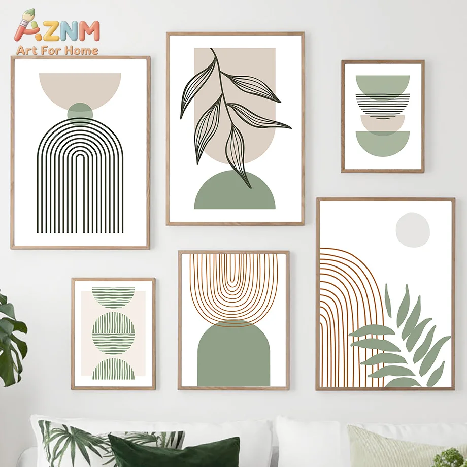 AZNM Sage Green Boho Abstract Line Canvas Wall Art Print, Geometric Arch Leaf Minimal Neutral Modern Living Room Aesthetic Decor